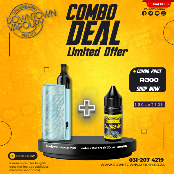 Lost Vape Thelema Nexus Mini Kit Paired with Isolation Outbreak 30ml Longfill Downtown Vapoury