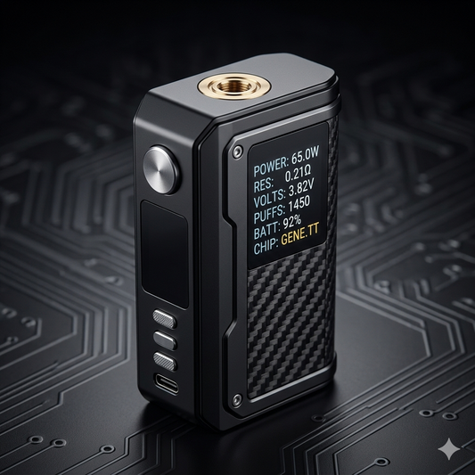 Clean close-up of a modern vape mod, set against a dark, tech-inspired background