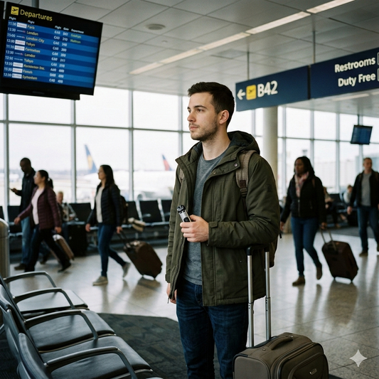 a person holding a vape at an airport 