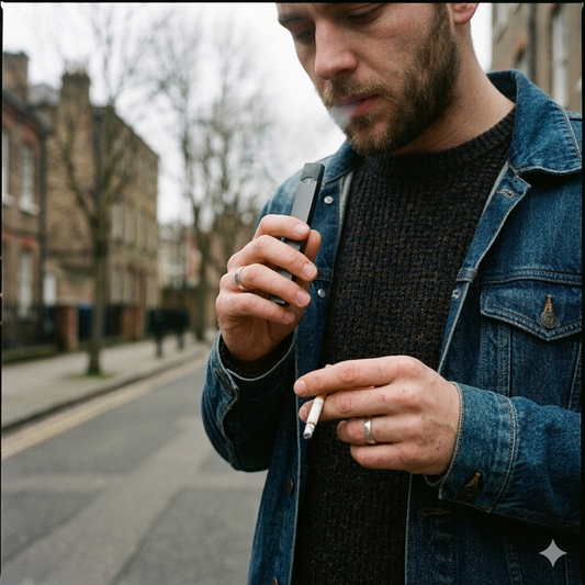 A man holding a vape a cigerette