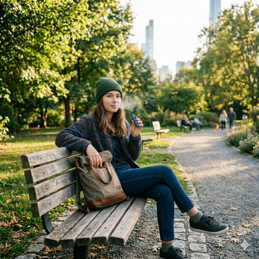 A picture of a young woman sitting at a park vaping