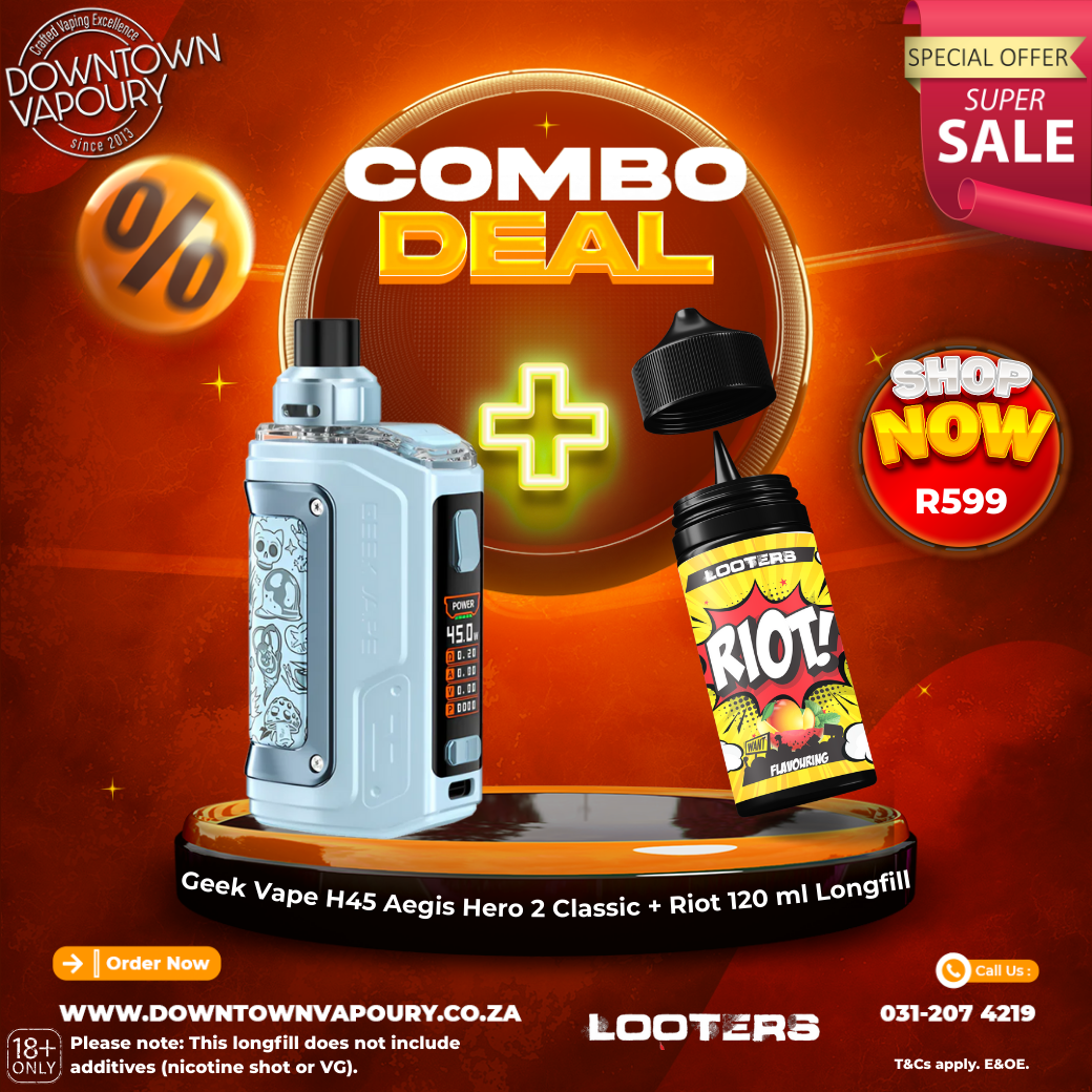 GeekVape H45 Aegis Hero 2 Classic Paired with Riot 120 ml Longfill Downtown Vapoury