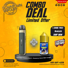 Lost Vape Thelema Aura S Pod System Paired with Flustered Custard Blueberry Velvet 30ml Longfill Downtown Vapoury