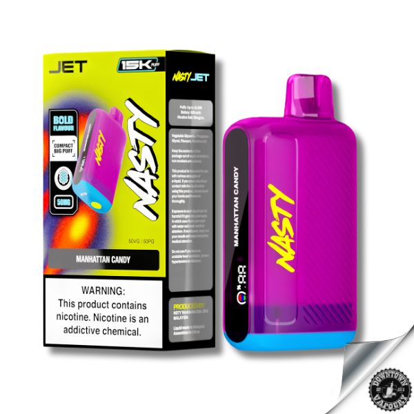 Nasty Jet Rechargeable Disposable 15K puff 5% Manhattan Candy 50mg Downtown Vapoury