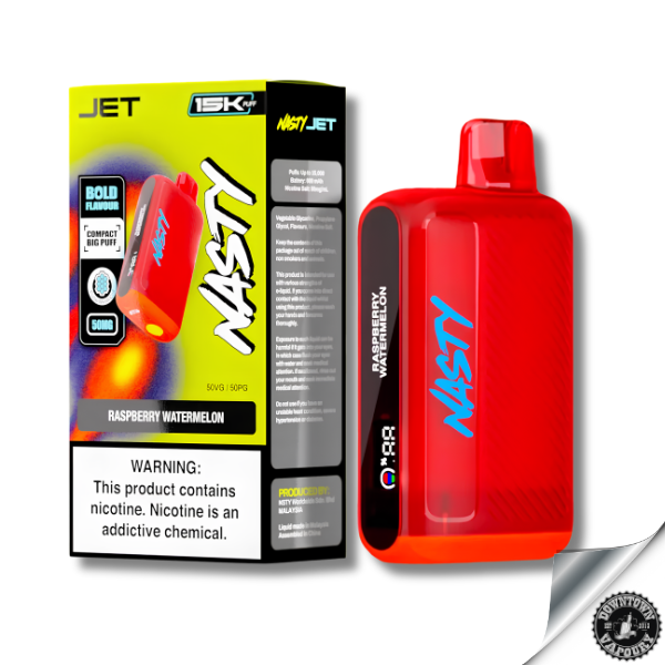 Nasty Jet Rechargeable Disposable 15K puff 5% Raspberry Watermelon 50mg Downtown Vapoury