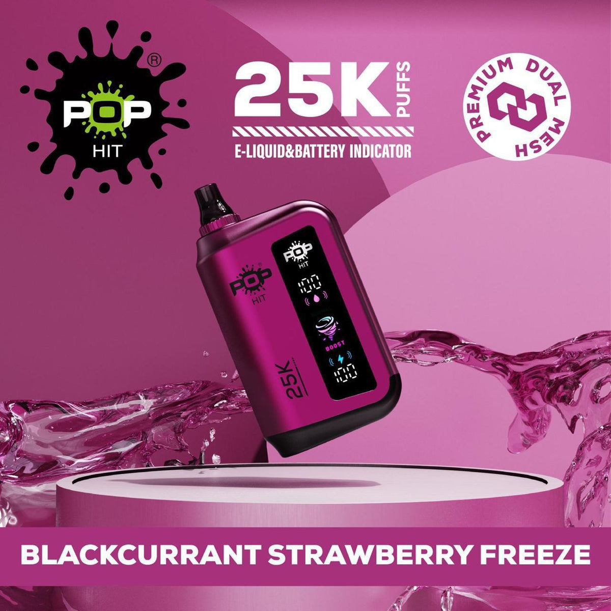 Pop Hit 25k Puffs Disposable Vape 5% Blackcurrant Strawberry Freeze Downtown Vapoury