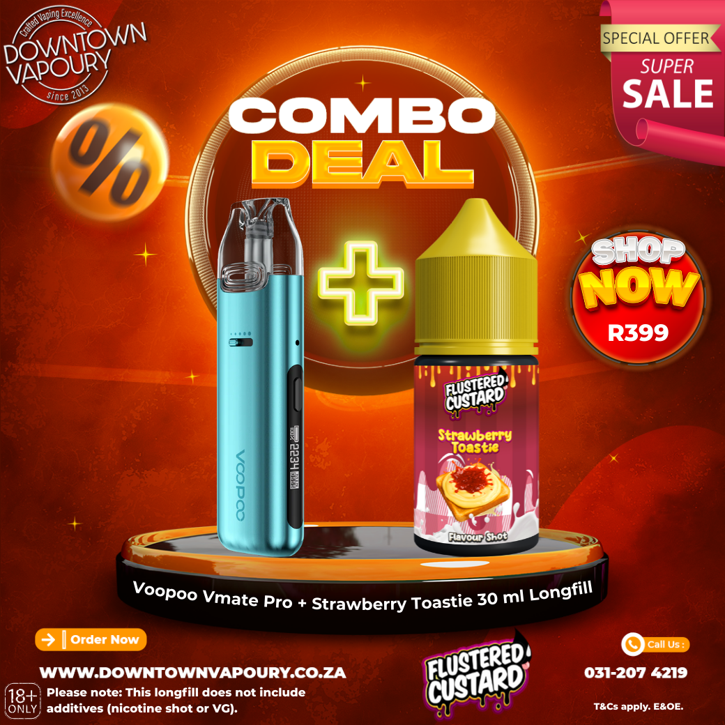Voopoo Vmate Pro Paired with Strawberry Toastie 30 ml Longfill Downtown Vapoury
